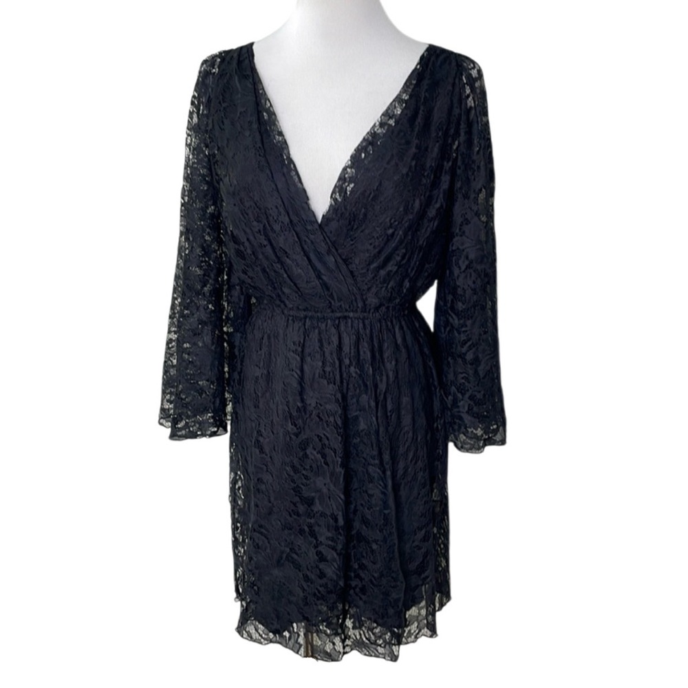 Daughters of the Revolution Silk Lined Black Lace V-Neck Faux Wrap Dress